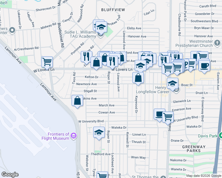 map of restaurants, bars, coffee shops, grocery stores, and more near 7606 Roper Street in Dallas
