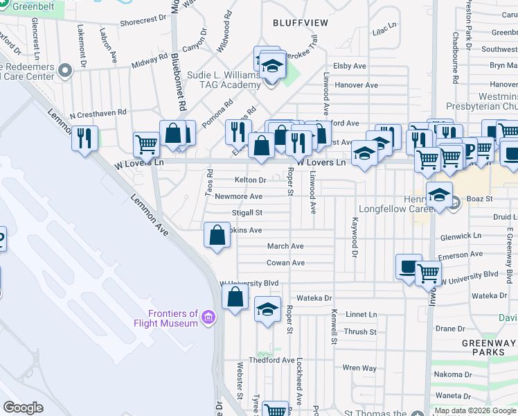 map of restaurants, bars, coffee shops, grocery stores, and more near 4522 Stigall Street in Dallas