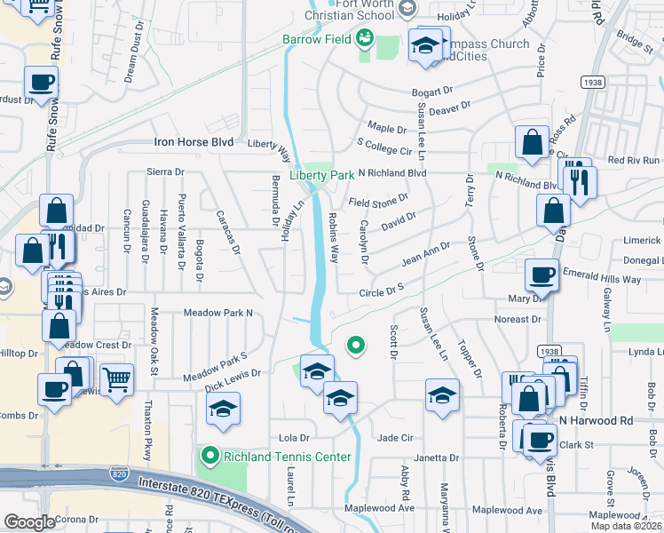 map of restaurants, bars, coffee shops, grocery stores, and more near 5620 Meadows Way in North Richland Hills