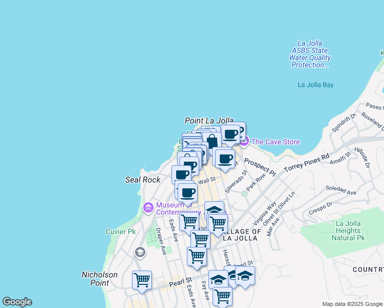 map of restaurants, bars, coffee shops, grocery stores, and more near 8040 Girard Avenue in San Diego