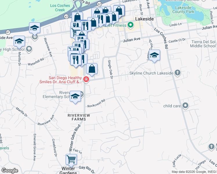 map of restaurants, bars, coffee shops, grocery stores, and more near 12252 Whittaker Lane in Lakeside