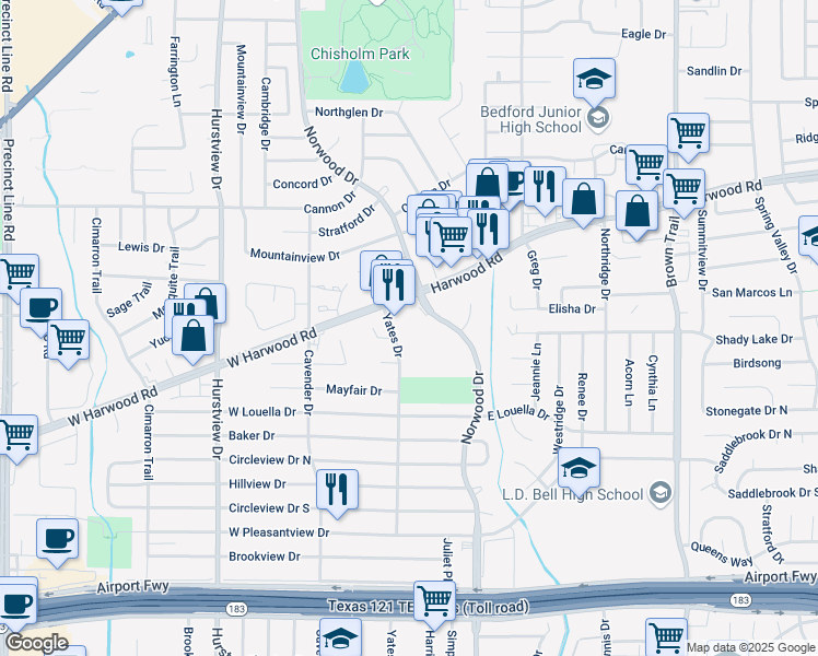 map of restaurants, bars, coffee shops, grocery stores, and more near 125 West Harwood Road in Hurst