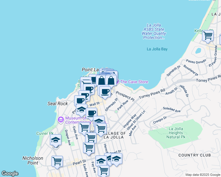 map of restaurants, bars, coffee shops, grocery stores, and more near 1278 Prospect Street in San Diego