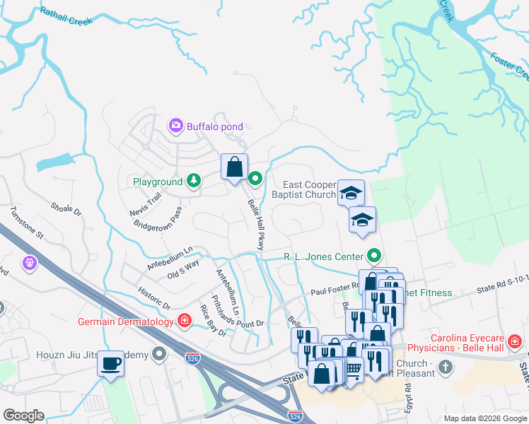 map of restaurants, bars, coffee shops, grocery stores, and more near 256 Mossy Oak Way in Mount Pleasant