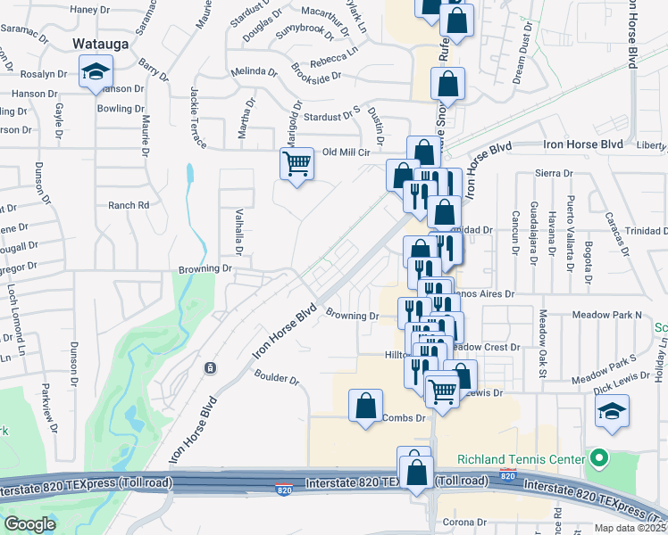 map of restaurants, bars, coffee shops, grocery stores, and more near 6609 Iron Horse Boulevard in Fort Worth