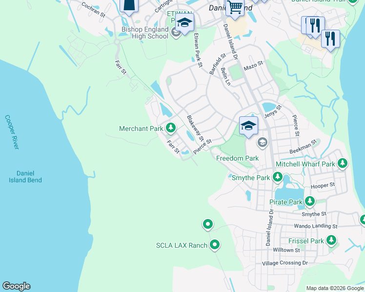 map of restaurants, bars, coffee shops, grocery stores, and more near 3015 Viscount Street in Charleston