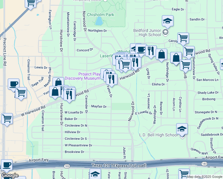 map of restaurants, bars, coffee shops, grocery stores, and more near 125 West Harwood Road in Hurst
