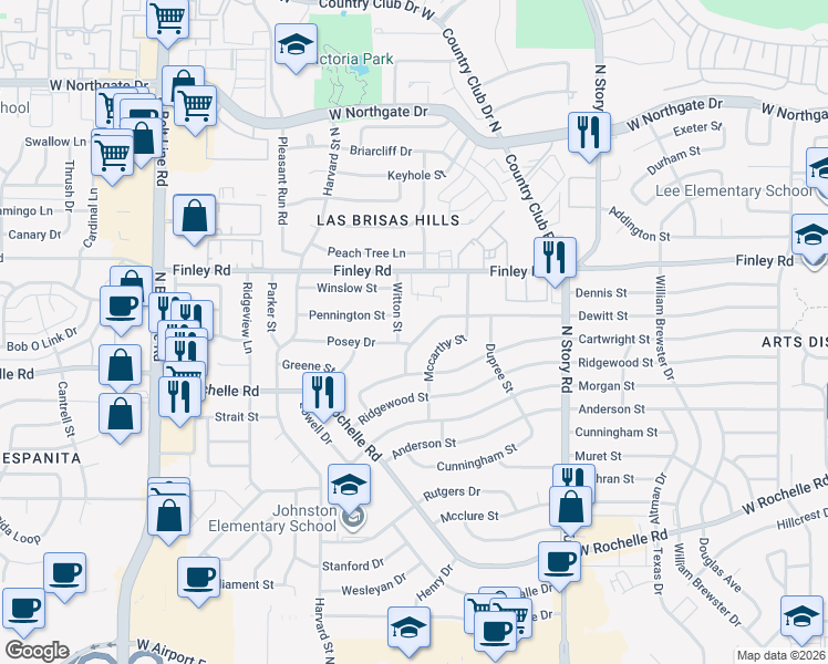 map of restaurants, bars, coffee shops, grocery stores, and more near 2709 Dewitt Street in Irving