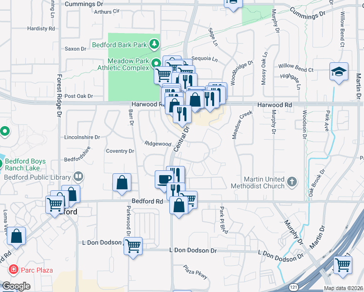 map of restaurants, bars, coffee shops, grocery stores, and more near 2700 Central Drive in Bedford