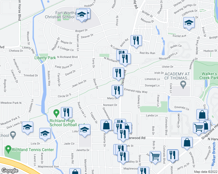 map of restaurants, bars, coffee shops, grocery stores, and more near 5575 Davis Boulevard in North Richland Hills