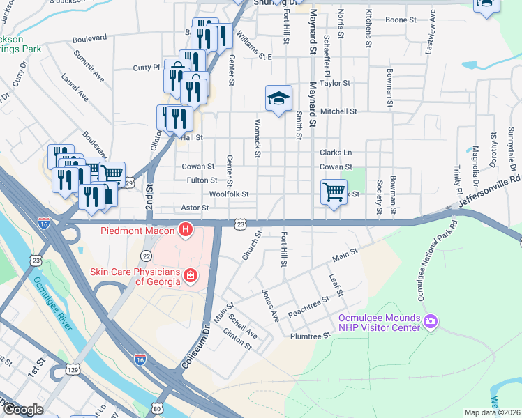 map of restaurants, bars, coffee shops, grocery stores, and more near 645 Womack Street in Macon