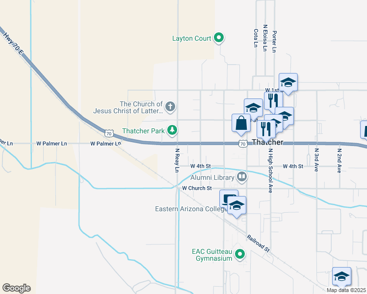map of restaurants, bars, coffee shops, grocery stores, and more near 3993 West Main Street in Thatcher