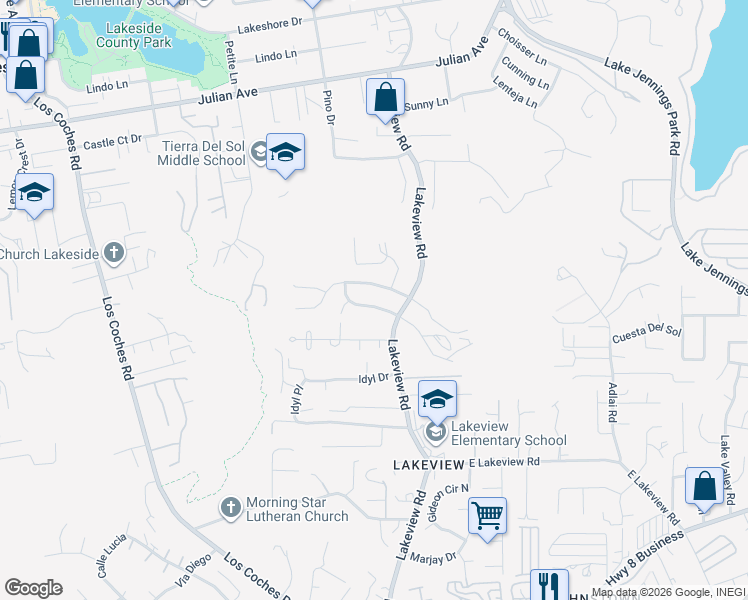 map of restaurants, bars, coffee shops, grocery stores, and more near 13384 Goldentop Drive in Lakeside