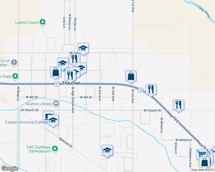 map of restaurants, bars, coffee shops, grocery stores, and more near 3225 West Main Street in Thatcher