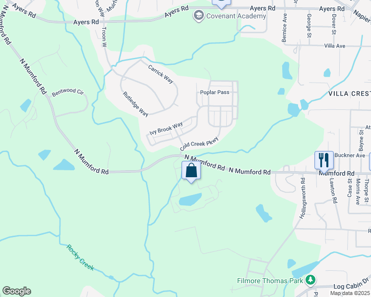 map of restaurants, bars, coffee shops, grocery stores, and more near 109 Cold Creek Parkway in Macon