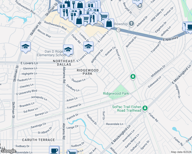 map of restaurants, bars, coffee shops, grocery stores, and more near 6631 Ridgemont Drive in Dallas