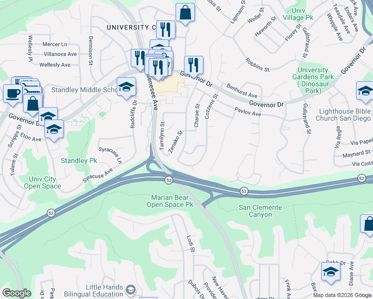 map of restaurants, bars, coffee shops, grocery stores, and more near 4233 Karensue Avenue in San Diego