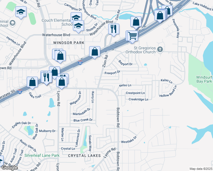 map of restaurants, bars, coffee shops, grocery stores, and more near 4509 Bobtown Road in Garland