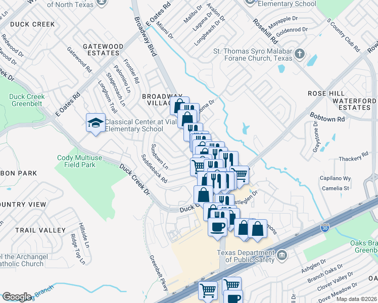 map of restaurants, bars, coffee shops, grocery stores, and more near 5475 Robin Road in Garland