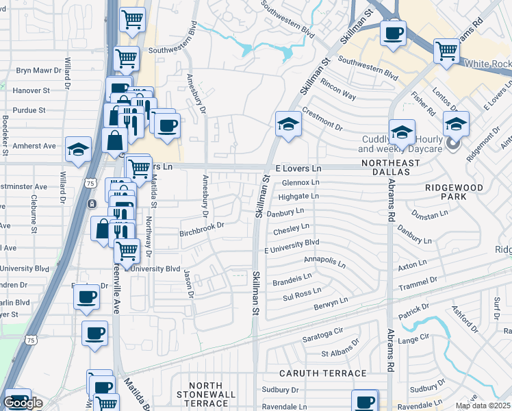 map of restaurants, bars, coffee shops, grocery stores, and more near 6060 Danbury Lane in Dallas