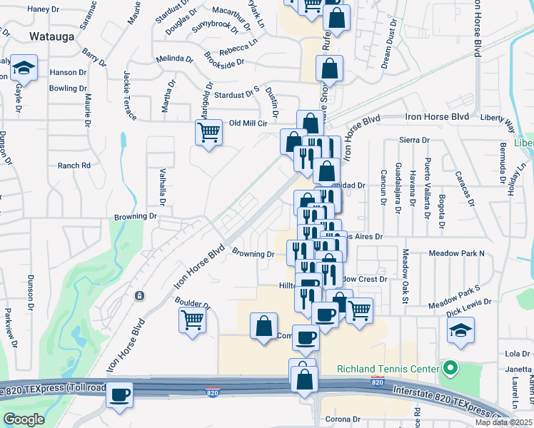 map of restaurants, bars, coffee shops, grocery stores, and more near 6610 Iron Horse Boulevard in Fort Worth