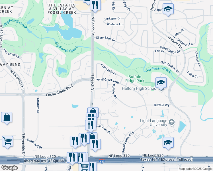 map of restaurants, bars, coffee shops, grocery stores, and more near 5001 Fossil Hill Apartment in Haltom City
