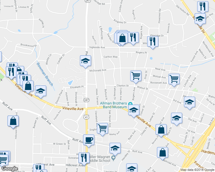 map of restaurants, bars, coffee shops, grocery stores, and more near 193 Buford Place in Macon