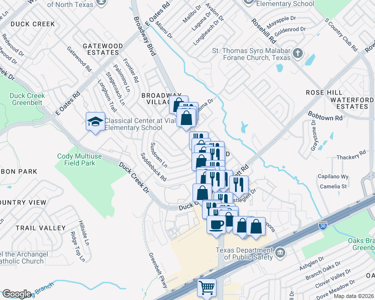 map of restaurants, bars, coffee shops, grocery stores, and more near 5475 Robin Road in Garland