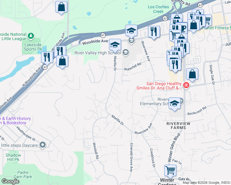 map of restaurants, bars, coffee shops, grocery stores, and more near 9529 Marilla Drive in Lakeside