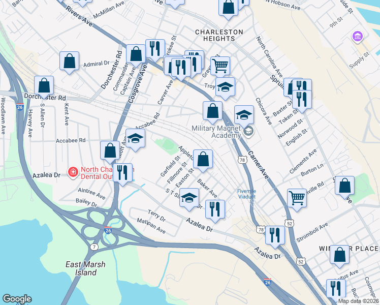 map of restaurants, bars, coffee shops, grocery stores, and more near 2126 Easton Street in North Charleston