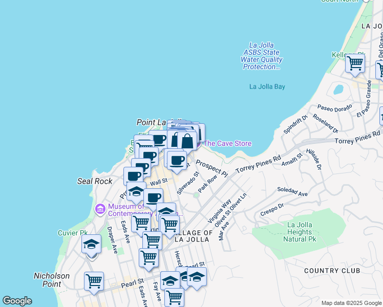 map of restaurants, bars, coffee shops, grocery stores, and more near 7985 Prospect Place in San Diego