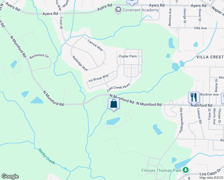 map of restaurants, bars, coffee shops, grocery stores, and more near 109 Cold Creek Parkway in Macon