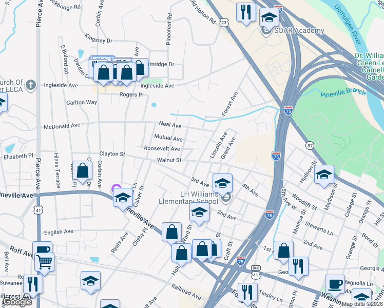 map of restaurants, bars, coffee shops, grocery stores, and more near 306 Forest Avenue in Macon