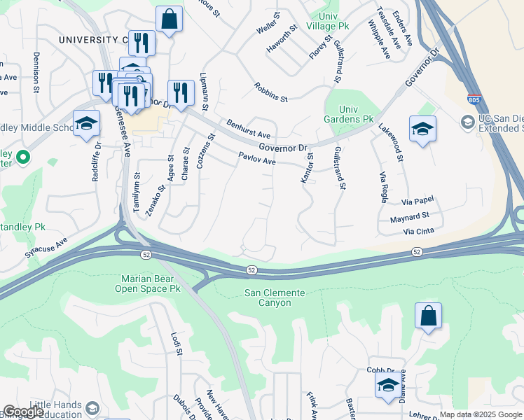 map of restaurants, bars, coffee shops, grocery stores, and more near 5917 Erlanger Street in San Diego