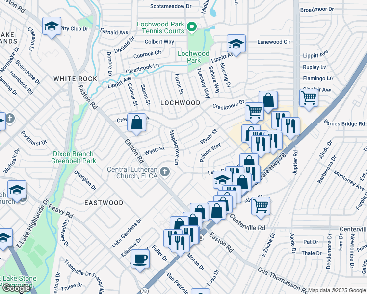 map of restaurants, bars, coffee shops, grocery stores, and more near 10735 Wyatt Street in Dallas