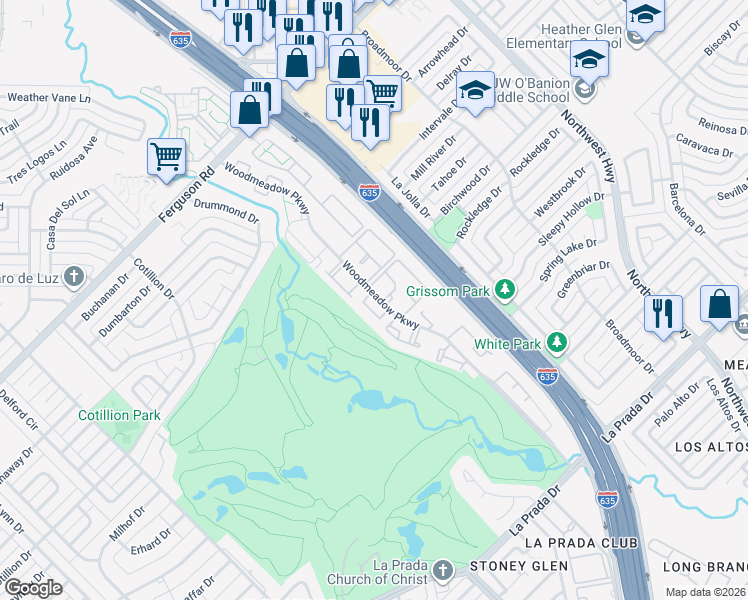 map of restaurants, bars, coffee shops, grocery stores, and more near 11011 Woodmeadow Parkway in Dallas