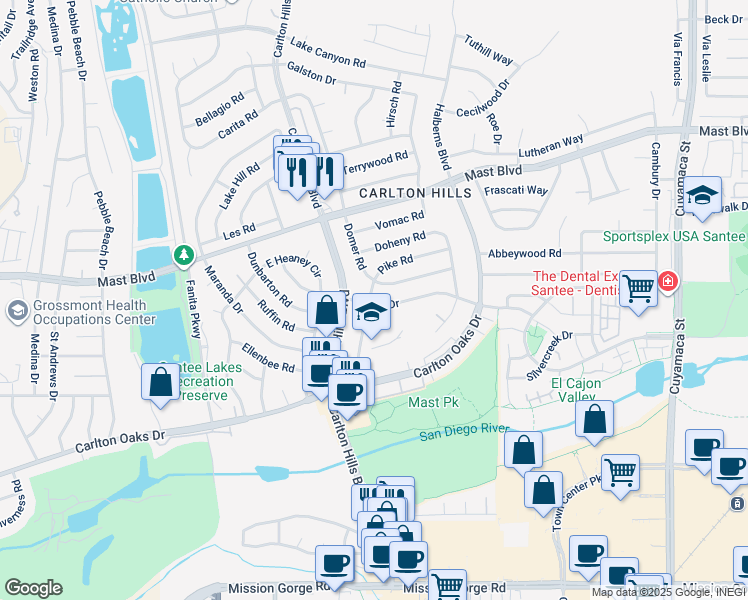 map of restaurants, bars, coffee shops, grocery stores, and more near 9385 Pike Road in Santee