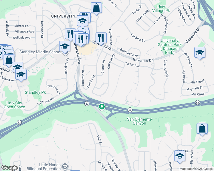 map of restaurants, bars, coffee shops, grocery stores, and more near 5929 Cozzens Street in San Diego