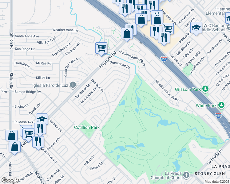 map of restaurants, bars, coffee shops, grocery stores, and more near 11431 Drummond Drive in Dallas