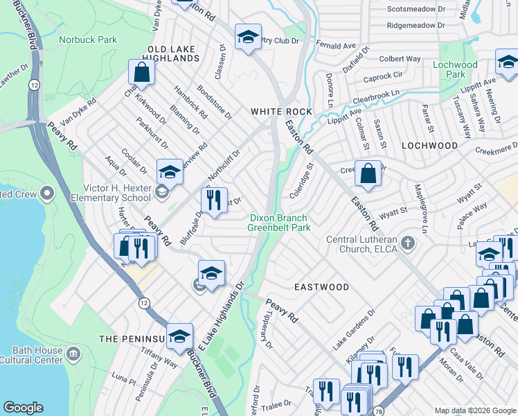 map of restaurants, bars, coffee shops, grocery stores, and more near 834 Kirkwood Drive in Dallas