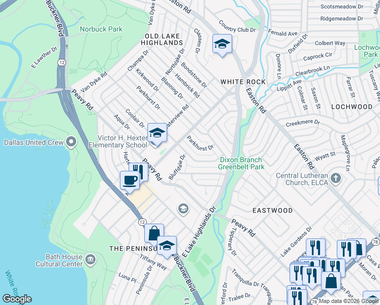 map of restaurants, bars, coffee shops, grocery stores, and more near 746 Brookhurst Drive in Dallas