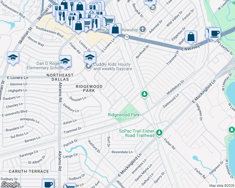 map of restaurants, bars, coffee shops, grocery stores, and more near 6665 Santa Anita Drive in Dallas