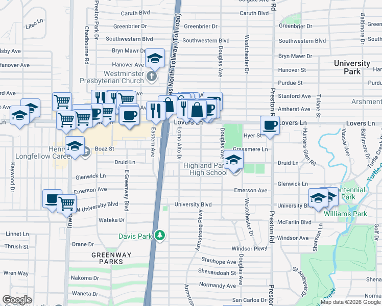 map of restaurants, bars, coffee shops, grocery stores, and more near 4424 Druid Lane in Dallas