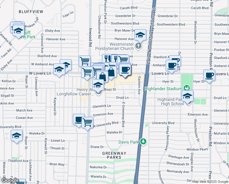 map of restaurants, bars, coffee shops, grocery stores, and more near 5437 Druid Lane in Dallas