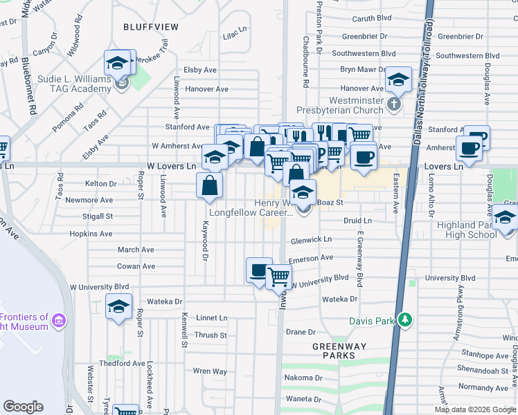 map of restaurants, bars, coffee shops, grocery stores, and more near 7602 Morton Street in Dallas
