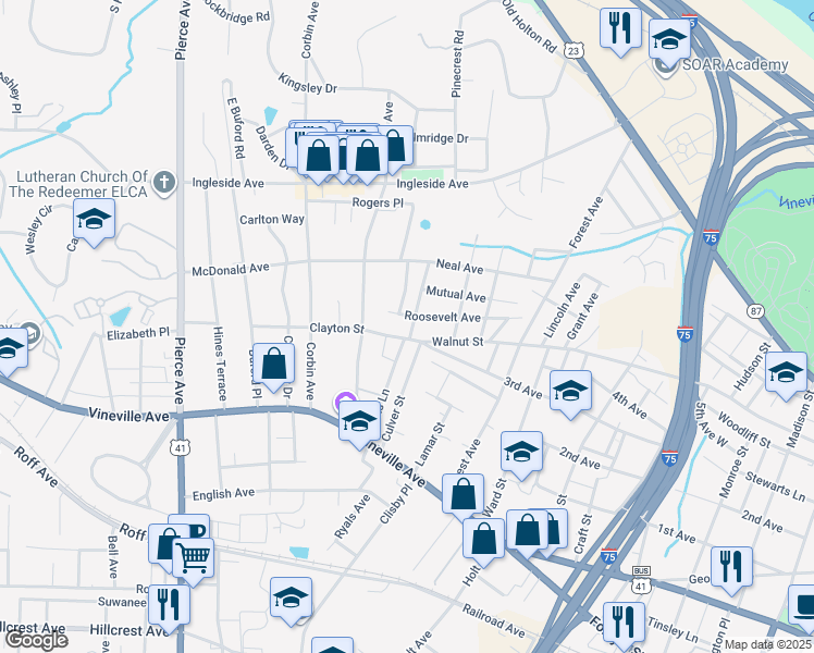 map of restaurants, bars, coffee shops, grocery stores, and more near 2226 Clayton Street in Macon