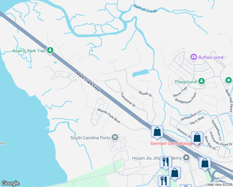 map of restaurants, bars, coffee shops, grocery stores, and more near 208 Red Knot Lane in Mount Pleasant