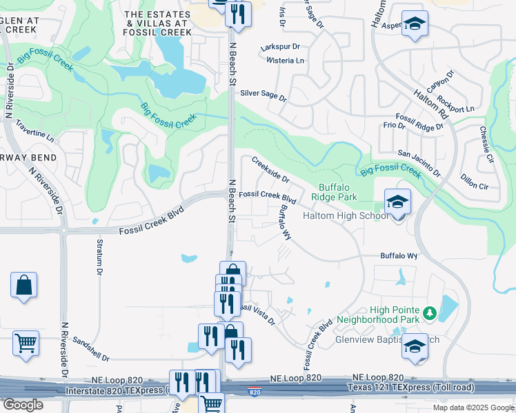 map of restaurants, bars, coffee shops, grocery stores, and more near 5700 North Beach Street in Fort Worth