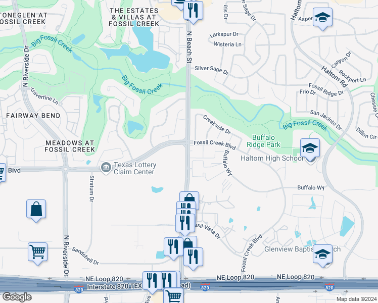 map of restaurants, bars, coffee shops, grocery stores, and more near 5700 North Beach Street in Haltom City