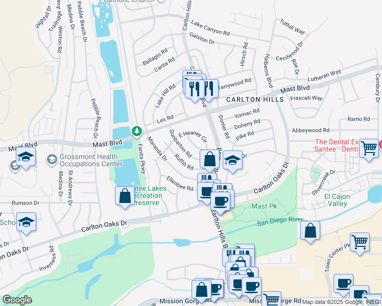 map of restaurants, bars, coffee shops, grocery stores, and more near 9250 Dunbarton Road in Santee